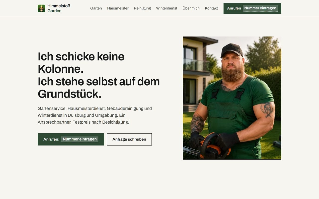Startseite von Himmelstoß Garden am Rechner: Überschrift „Ich schicke keine Kolonne. Ich stehe selbst auf dem Grundstück.“ neben einem Foto des Inhabers mit Heckenschere.