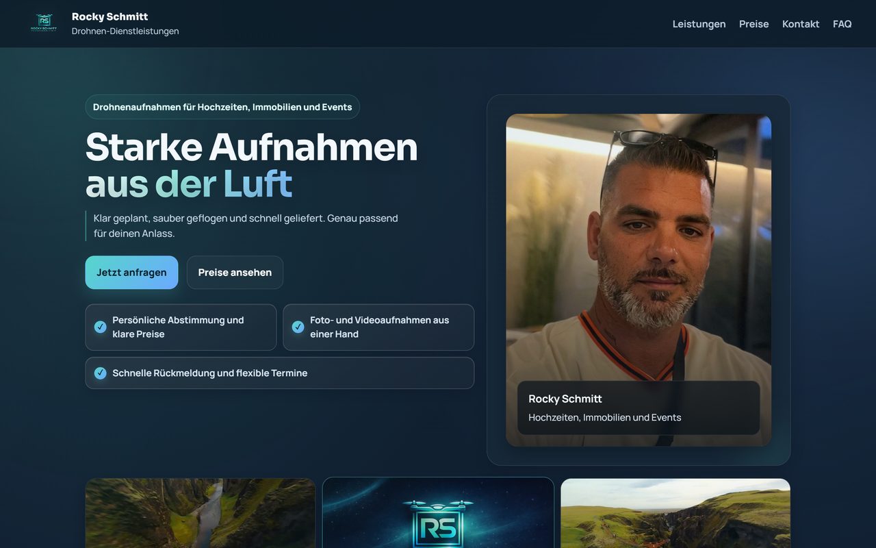 Startseite von Rocky Schmitt Drohnen-Dienstleistungen am Rechner: Überschrift „Starke Aufnahmen aus der Luft“ neben einem Porträtfoto.